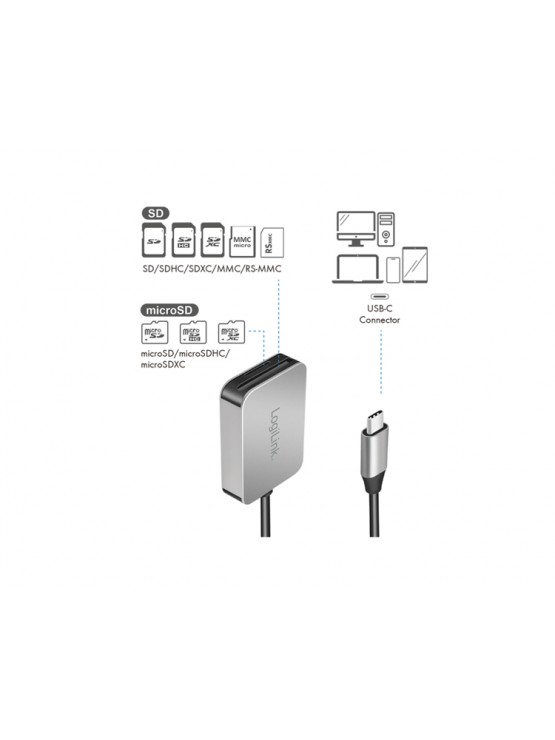 ბარათების წამკითხველი: Logilink CR0050 Dual card reader USB-C to SD & microSD cards aluminium