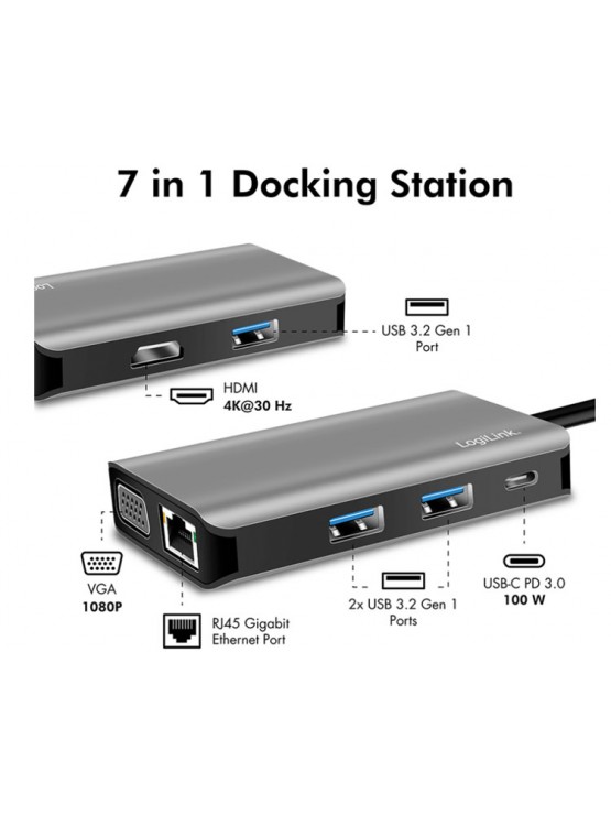 დოქ სადგური: Logilink UA0410 USB 3.2 Gen 1 docking station USB-C 7 ports PD anthracite