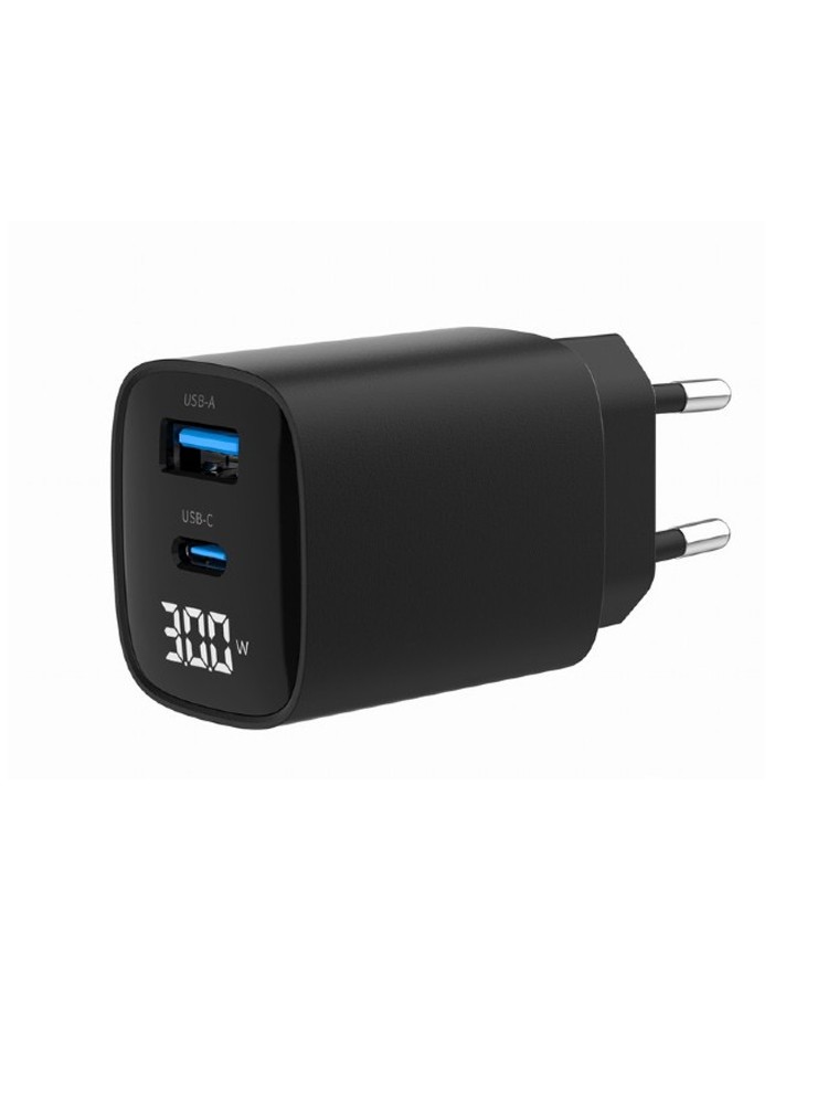 დამტენი: Gembird TA-UC-PDQC30LCD-BK-01 2-port 30W USB Fast Charger LCD Black