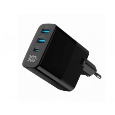 დამტენი: Gembird TA-UC-PDQC30LCD-BK-02 3-port 30W GaN USB Fast Charger LCD Black