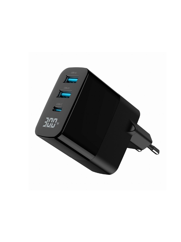 დამტენი: Gembird TA-UC-PDQC30LCD-BK-02 3-port 30W GaN USB Fast Charger LCD Black