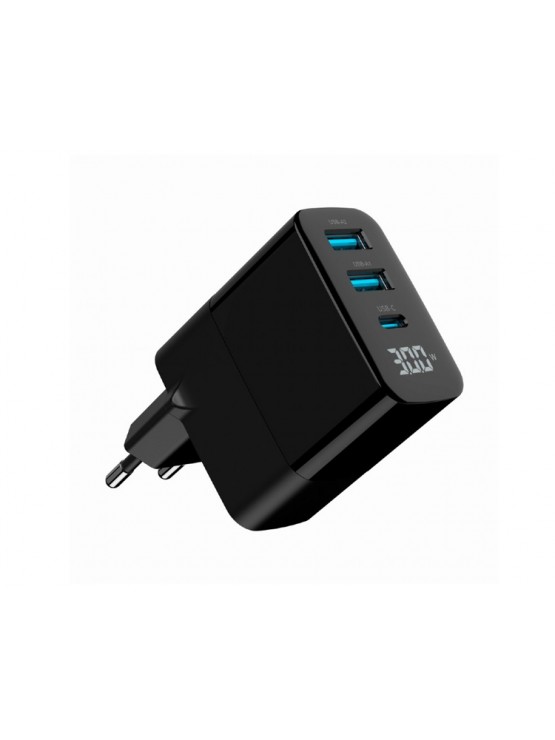 დამტენი: Gembird TA-UC-PDQC30LCD-BK-02 3-port 30W GaN USB Fast Charger LCD Black