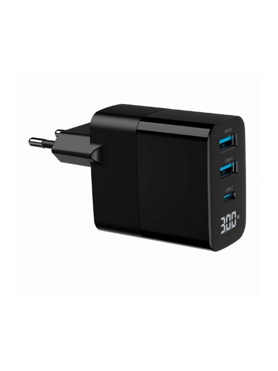 დამტენი: Gembird TA-UC-PDQC30LCD-BK-02 3-port 30W GaN USB Fast Charger LCD Black