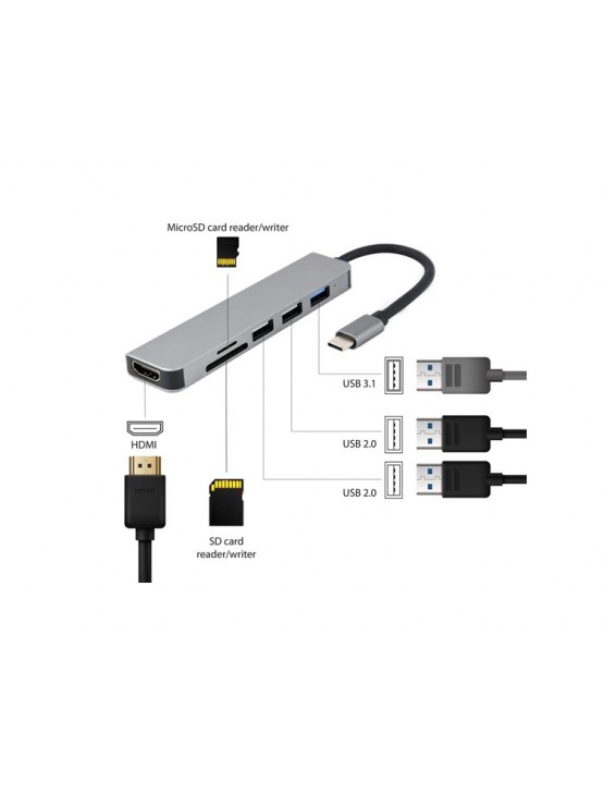 ადაპტერი: Gembird A-CM-COMBO6-02 USB Type-C 6-in-1 multi-port Adapter (Hub+HDMI+card reader)