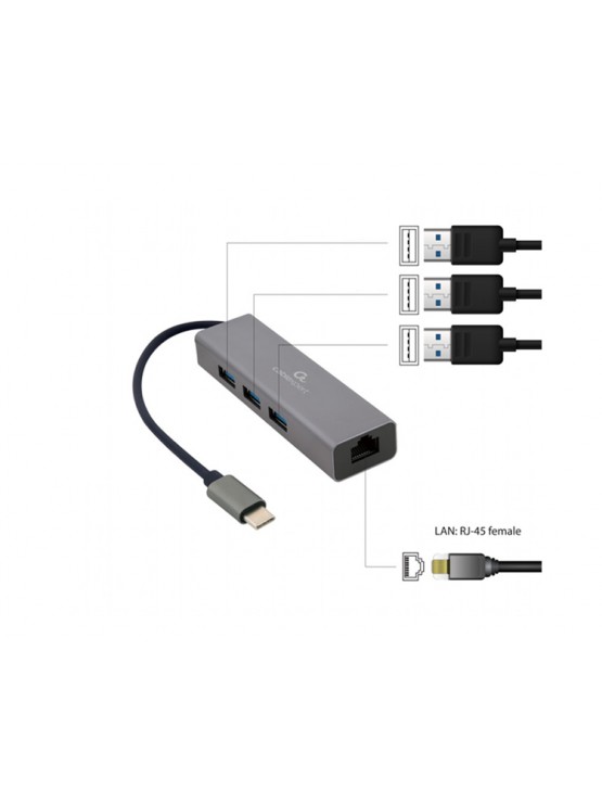 ადაპტერი: Gembird A-CMU3-LAN-01 USB-C Gigabit network adapter with 3-port USB 3.1