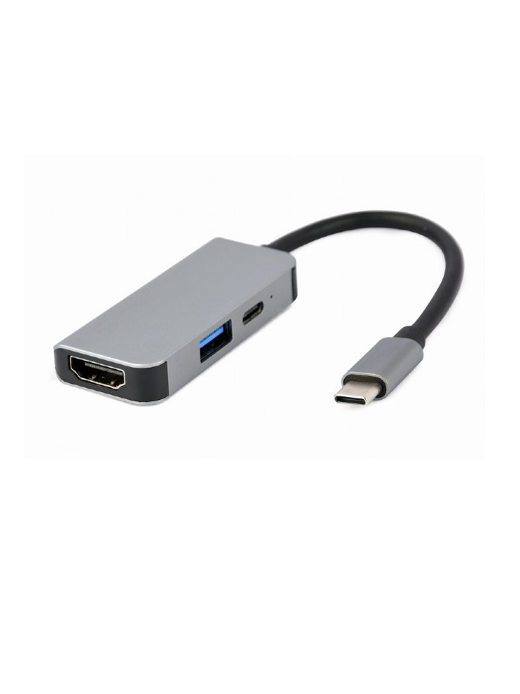 ადაპტერი: Gembird A-CM-COMBO3-02 USB Type-C 3-in-1 multi-port adapter (USB port+HDMI +PD) Silver