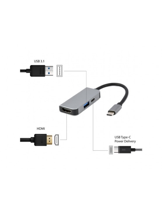 ადაპტერი: Gembird A-CM-COMBO3-02 USB Type-C 3-in-1 multi-port adapter (USB port+HDMI +PD) Silver
