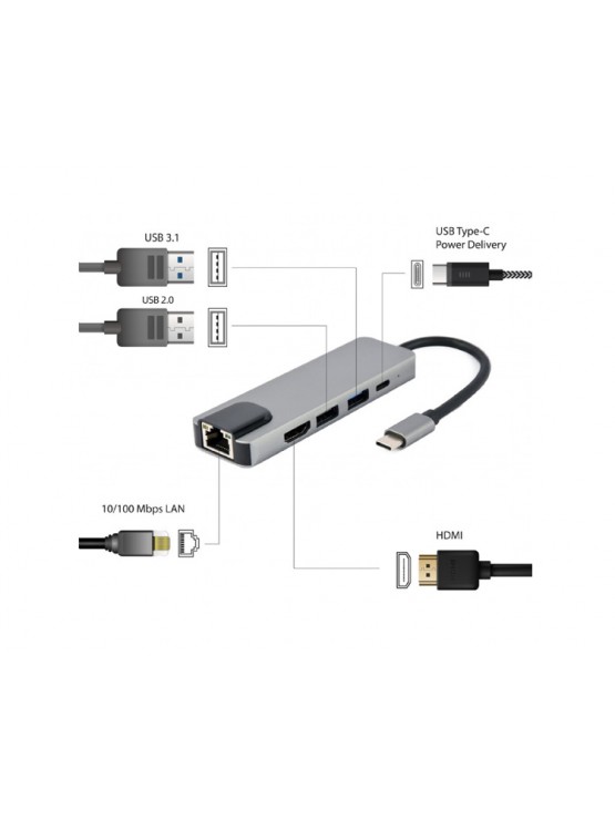 ადაპტერი: Gembird A-CM-COMBO5-04 USB Type-C 5-in-1 multi-port adapter (Hub+HDMI+PD+LAN)