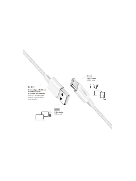 კაბელი: Logilink CU0321 USB 2.0 to USB-C Cable 60W Nylon White 1m