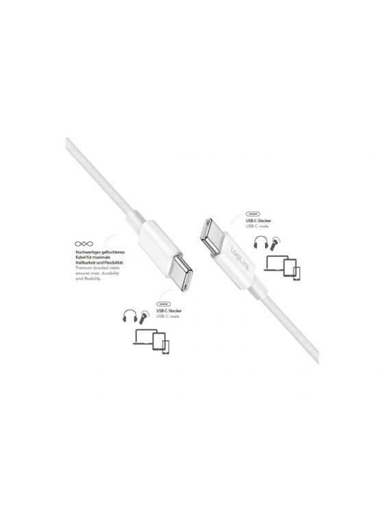 კაბელი: Logilink CU0342 USB-C to USB-C Cable 60W Nylon White 1.5m