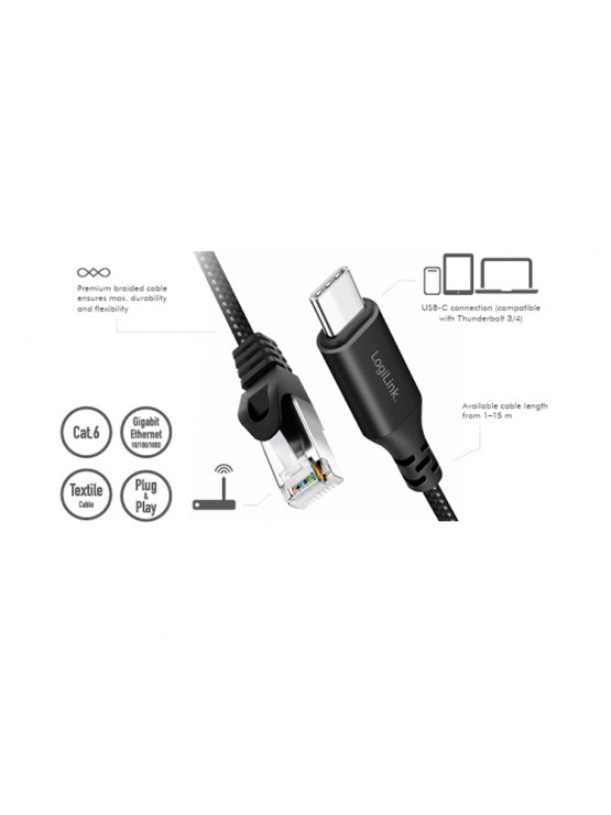 კაბელი: Logilink CU0412 USB-C 3.2 to RJ45 (CAT6) Ethernet Cable Adapter 2m