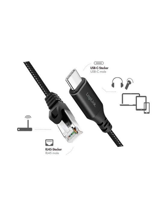 კაბელი: Logilink CU0412 USB-C 3.2 to RJ45 (CAT6) Ethernet Cable Adapter 2m