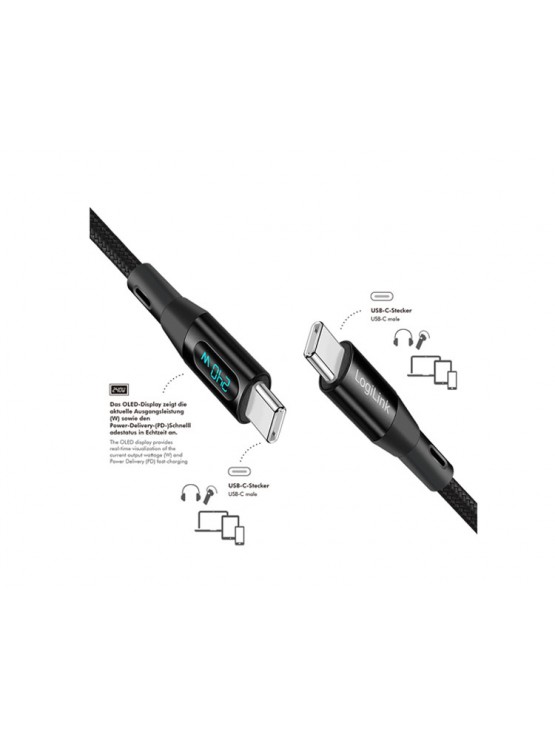 კაბელი: Logilink CU0446 USB 2.0 Type-C 480Mbps 240W OLED Display Cable Black 1m