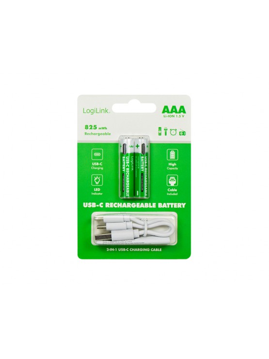 ელემენტი: Logilink LR03RCB2 AAA 1.5 V Li-Ion 550mAh USB-C Rechargeable Batteries 2pcs