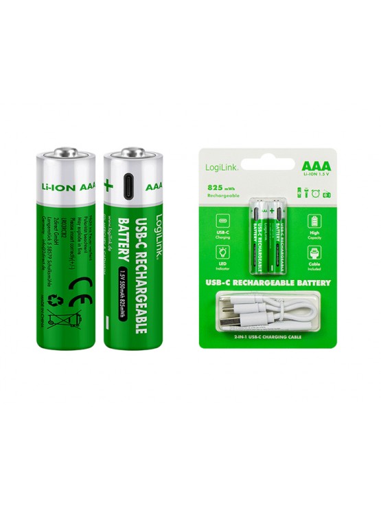 ელემენტი: Logilink LR03RCB2 AAA 1.5 V Li-Ion 550mAh USB-C Rechargeable Batteries 2pcs