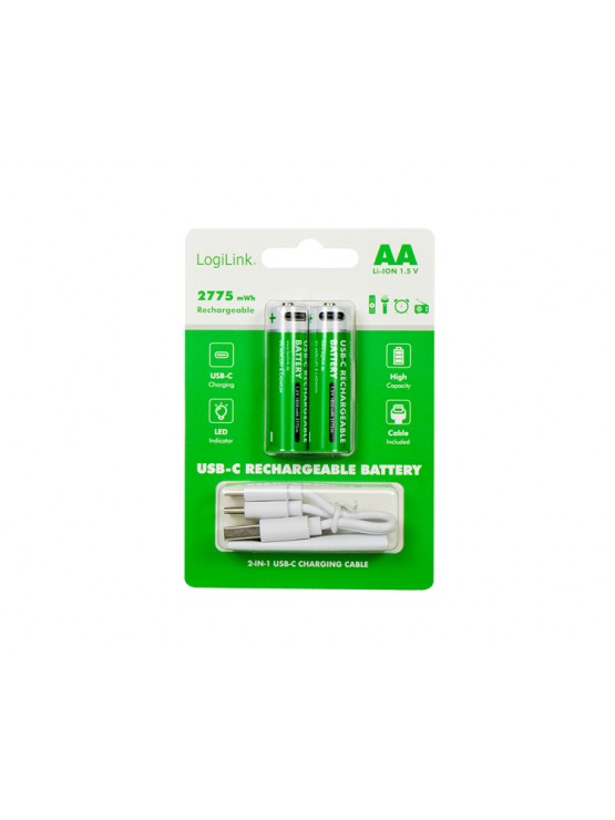 ელემენტი: Logilink LR6RCB2 AA 1.5 V Li-Ion 1850mAh USB-C Rechargeable Batteries 2pcs
