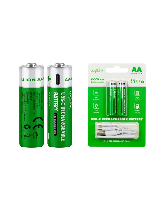 ელემენტი: Logilink LR6RCB2 AA 1.5 V Li-Ion 1850mAh USB-C Rechargeable Batteries 2pcs