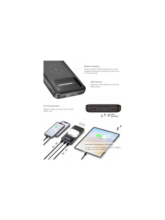 დამტენი: Logilink PA0343RF Powerbank 10.000 mAh wireless charging + 2xUSB-A/1xUSB-C Black