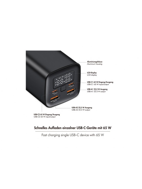 დამტენი: Logilink PA0350 Power Bank 20.000 mAh QC 3.0 & PD 3.0 65W With LCD Display Black