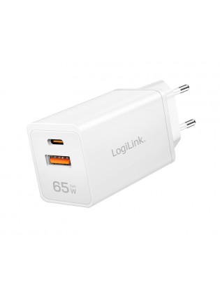 დამტენი: Logilink PA0371 1xUSB-C (PD) & 1xUSB-A (QC) GaN Fast Charger 65W White