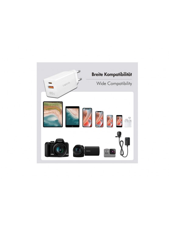 დამტენი: Logilink PA0371 1xUSB-C (PD) & 1xUSB-A (QC) GaN Fast Charger 65W White