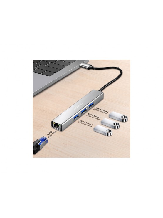 USB ჰაბი: Logilink UA0461 USB-C 3-Port Hub Gigabit Adapter 15cm