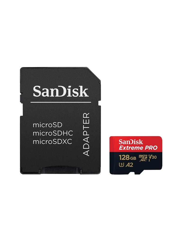 მეხსიერების ბარათი: SanDisk Extreme PRO 128GB microSDXC UHS-I Card with SD Adapter - SDSQXCD-128G-GN6MA