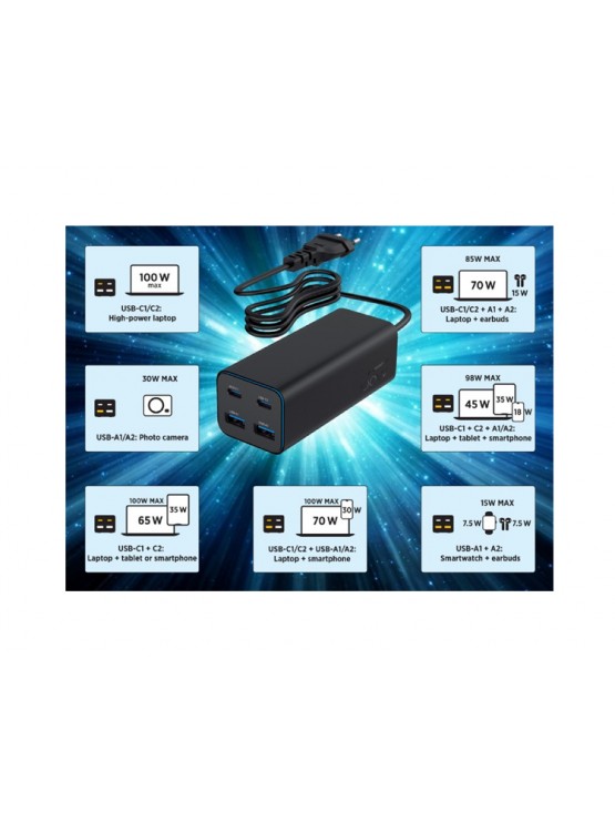 დამტენი: Gembird TA-UC-2A2C-PD100-01-BK 4-port 100W GaN USB PowerDelivery fast charger Black