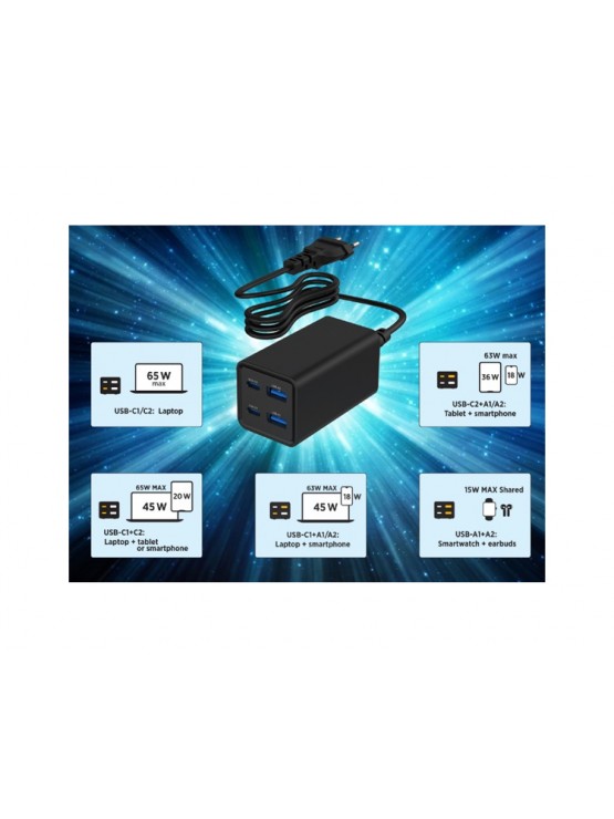 დამტენი: Gembird TA-UC-2A2C-PD65-01-BK 4-port 65W GaN USB PowerDelivery fast charger Black