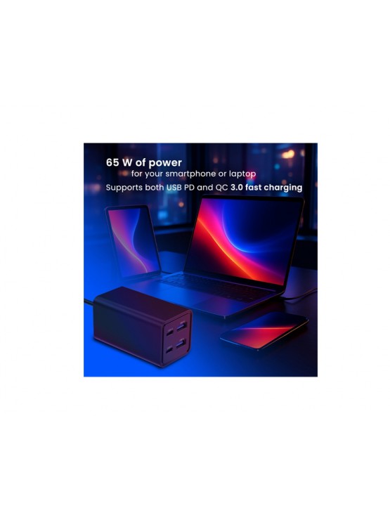 დამტენი: Gembird TA-UC-2A2C-PD65-01-BK 4-port 65W GaN USB PowerDelivery fast charger Black