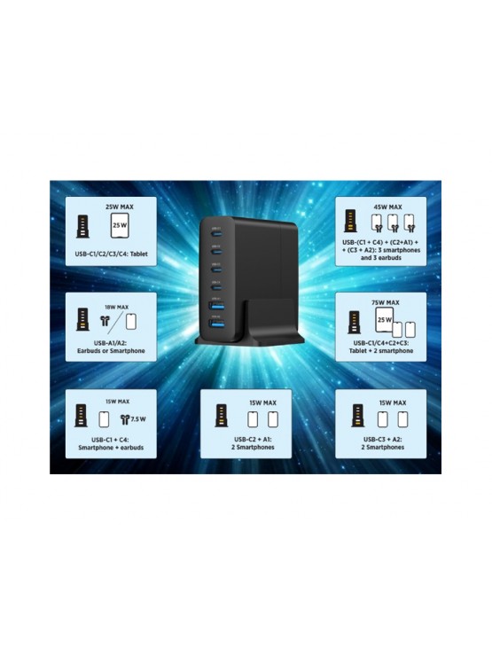 დამტენი: Gembird TA-UC-2A4C-PD75-01-BK 6-port 75W GaN USB fast charger Black