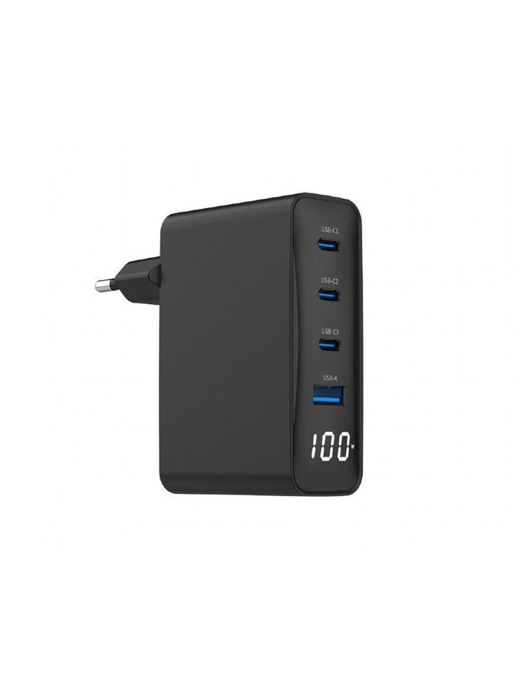დამტენი: Gembird TA-UC-PDQC100LCD-01-BK 4-port 100W GaN USB fast charger LCD Black
