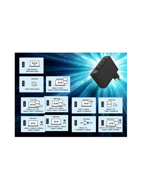 დამტენი: Gembird TA-UC-PDQC100LCD-01-BK 4-port 100W GaN USB fast charger LCD Black