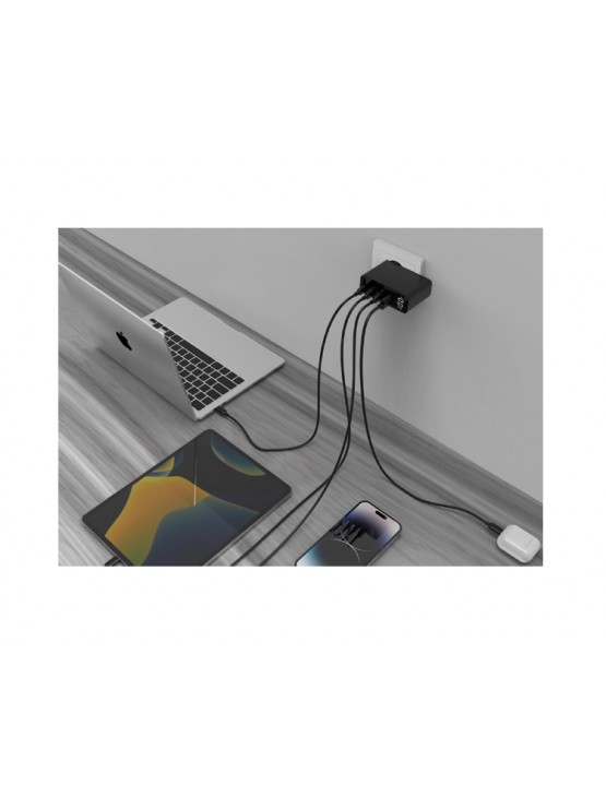 დამტენი: Gembird TA-UC-PDQC100LCD-01-BK 4-port 100W GaN USB fast charger LCD Black