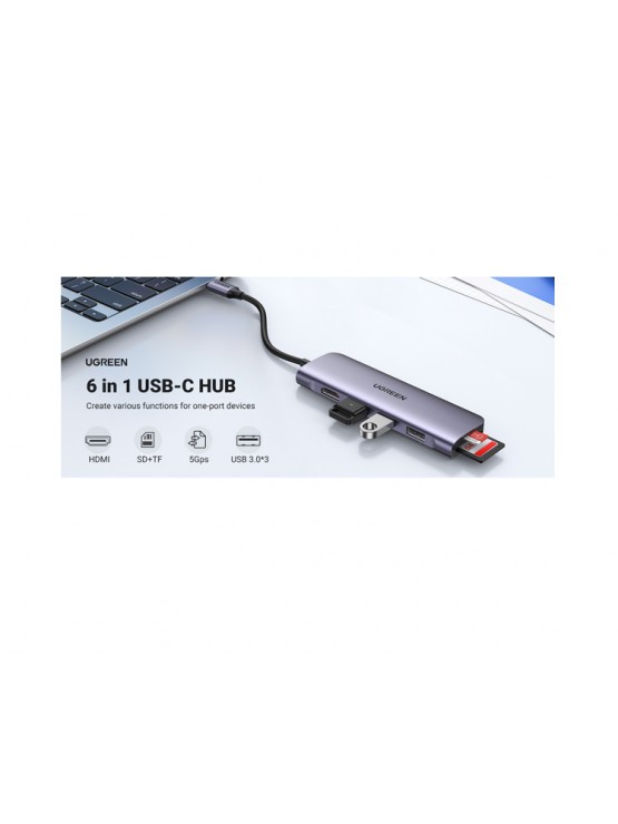 USB ჰაბი: UGREEN CM511 5-In-1 Adapter USB-C Hub To 3xUSB 3.0 HDMI TF/SD Gray - 20956A
