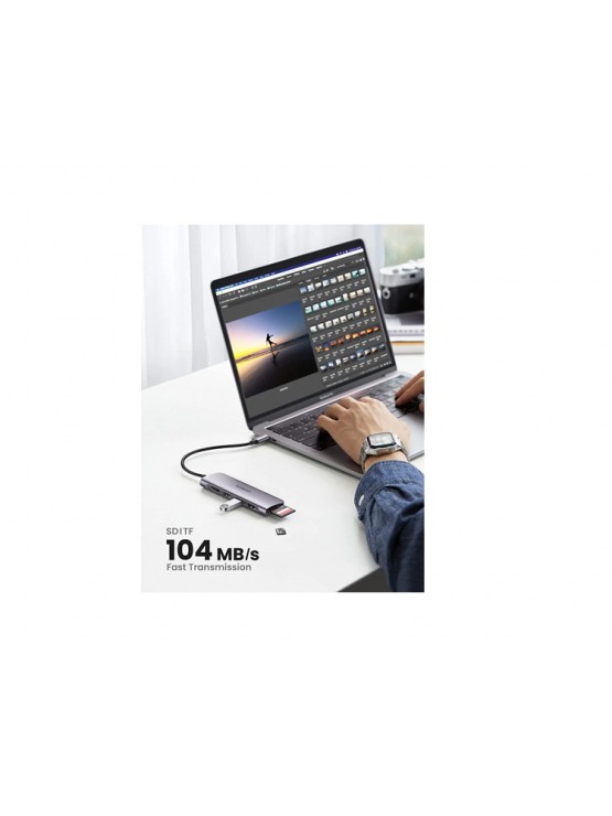 USB ჰაბი: UGREEN CM511 5-In-1 Adapter USB-C Hub To 3xUSB 3.0 HDMI TF/SD Gray - 20956A