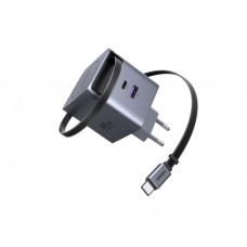 დამტენი: UGREEN X615 65W USB-C USB GaN Fast Charger With Retractable Cable Grey - 65825