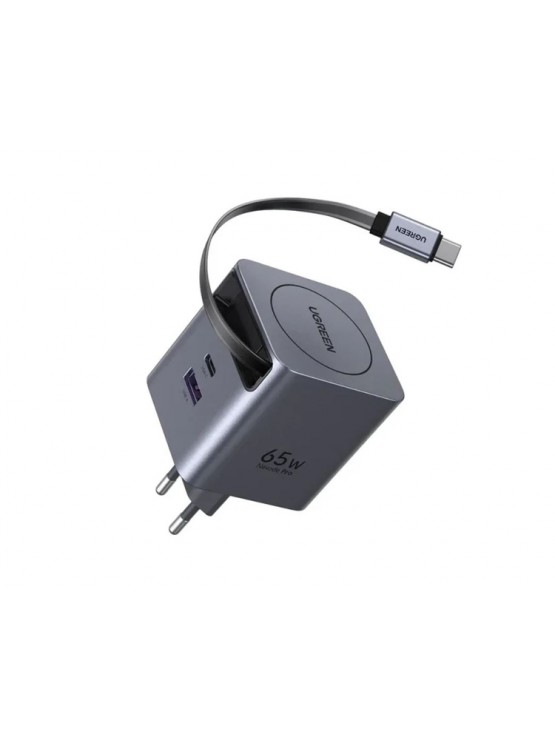 დამტენი: UGREEN X615 65W USB-C USB GaN Fast Charger With Retractable Cable Grey - 65825