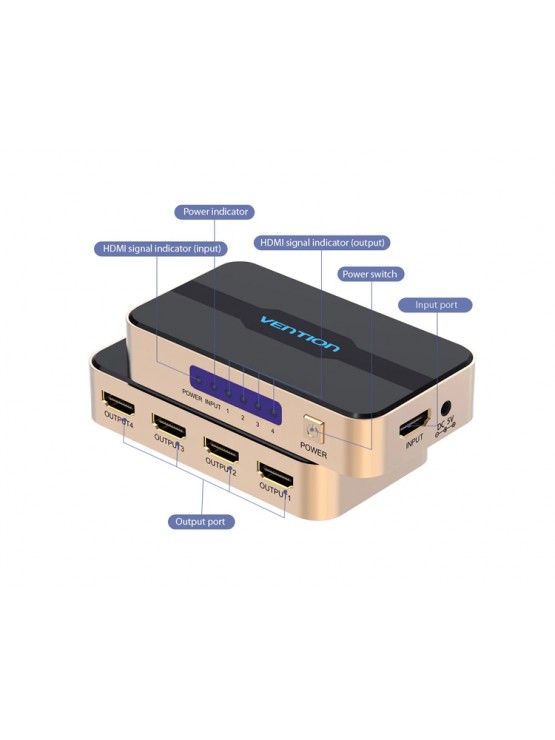 სპლიტერი: Vention ACCG0-EU 4K/30Hz 1 In 4 Out HDMI Splitter Gold Aluminum