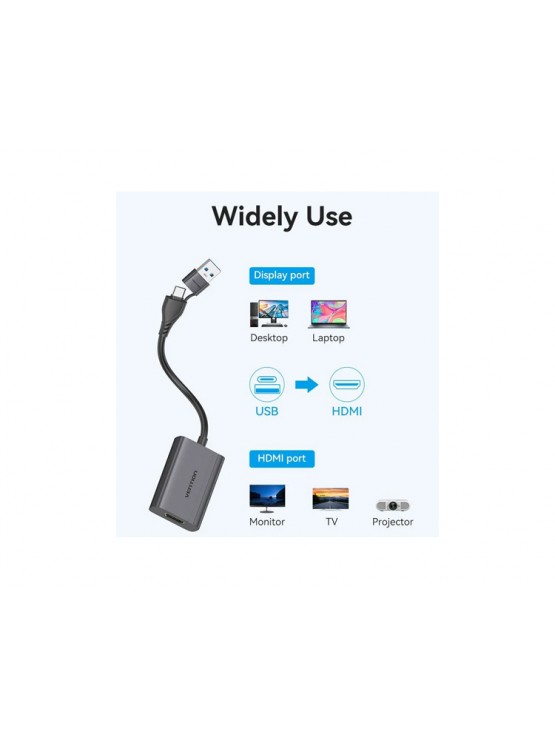 ადაპტერი: Vention ACYHB FHD/60Hz USB/USB-C to HDMI Converter 0.15m Gray