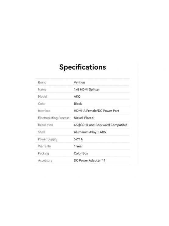 სპლიტერი: Vention AKQB0-EU 4K/60Hz 1x8 HDMI Splitter Black Aluminum