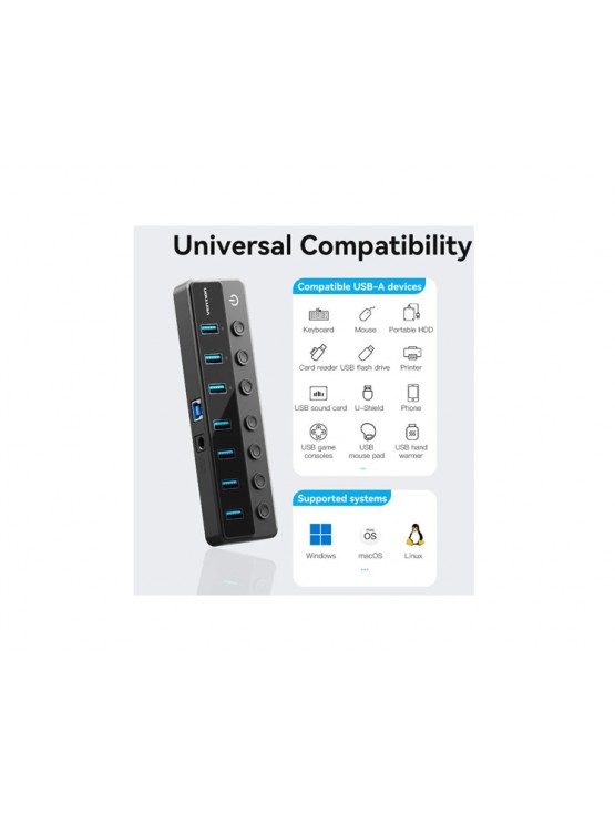 USB ჰაბი: Vention CHXB0-EU 8-in-1 USB 2.0/3.0 Hub With Individual Power Switches Led Black