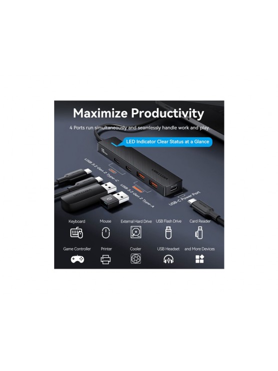 USB ჰაბი: Vention CHYBB 5-in-1 USB/USB-C 3.2 10Gbps Hub 0.15m Black