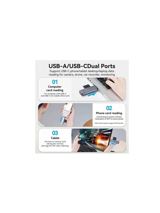 ადაპტერი: Vention CLLH0 2-in-1 USB 3.0 A+C Card Reader (SD+TF) Gray Aluminum