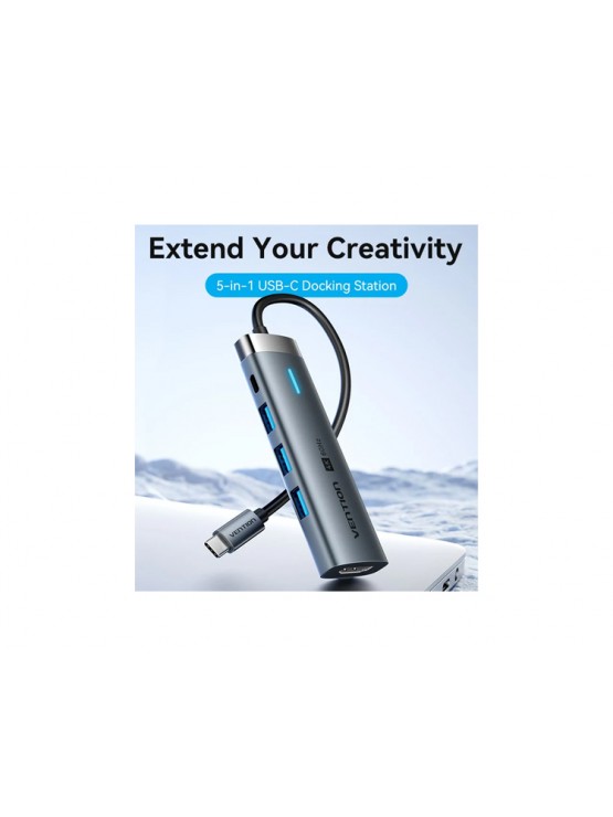 დოქ სადგური: Vention TGMHB 5-in-1 USB-C 4K/60Hz Docking Station 5Gbps 100W PD 0.15m Gray Aluminum