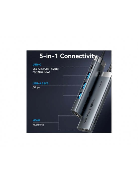 დოქ სადგური: Vention TGMHB 5-in-1 USB-C 4K/60Hz Docking Station 5Gbps 100W PD 0.15m Gray Aluminum
