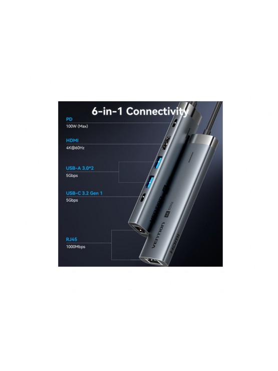 დოქ სადგური: Vention TGNHB 6-in-1 USB-C 4K/60Hz Docking Station 5Gbps 100W PD 0.15m Gray Aluminum