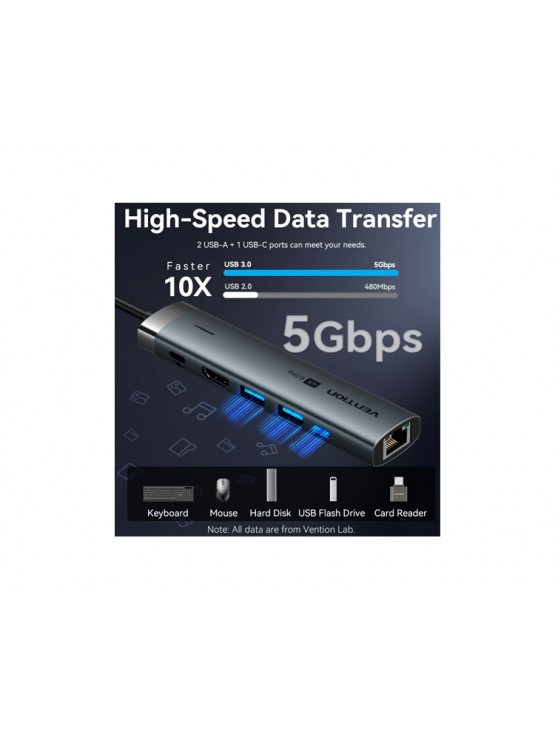 დოქ სადგური: Vention TGNHB 6-in-1 USB-C 4K/60Hz Docking Station 5Gbps 100W PD 0.15m Gray Aluminum