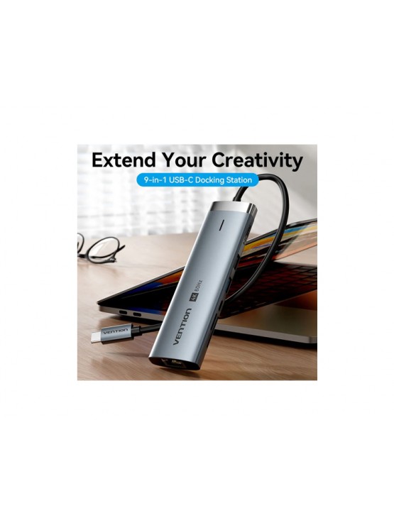 დოქ სადგური: Vention TGVHB 9-in-1 USB-C 4K/60Hz Docking Station 5Gbps 100W PD 0.15m Gray Aluminum