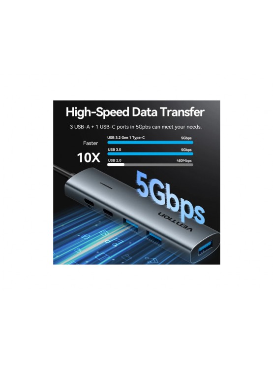 USB ჰაბი: Vention TGXHB 5-in-1 USB 3.0 Hub 0.15m Gray Aluminum